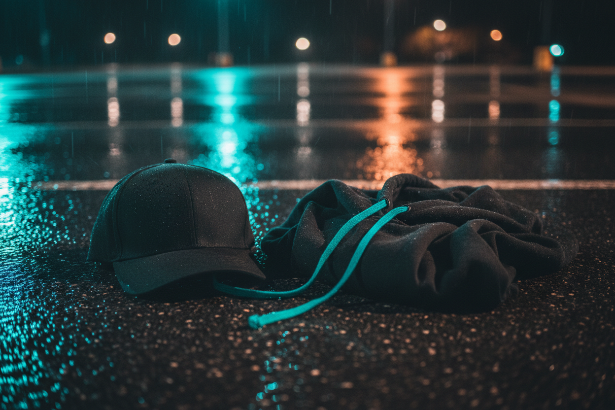 Dark Baseball Cap and Hoodie on Rainy Asphalt